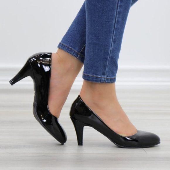 Black Paten Pointy Toe Kitten Low Heel Pumps - Picture 7 of 11